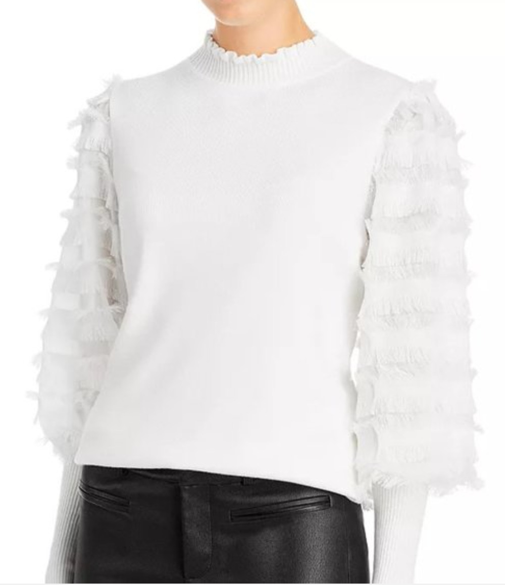 Sioni white fringe trim mock neck knit top Size Sm Boho Feminine Retro Glam